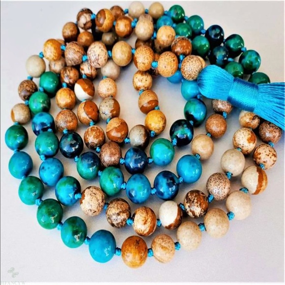 Earth Art hand crafted artisan Jewelry - Picture stone Jasper and Chrysocolla Mala